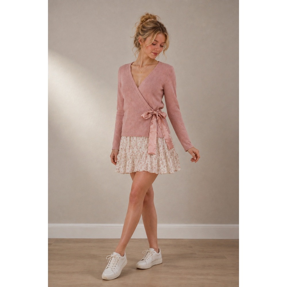 Newport News Wrap Sweater Women S Pink Vintage Angora Blend Satin Bow Balletcore
